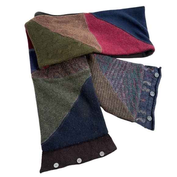 Patchwork Boho Handmade Artisan Lagenlook Upcycled Lambswool Fleece Knit Scarf - Picture 1 of 13